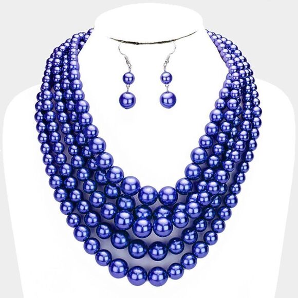 Pearl (faux) Royal Blue 5 Strand Silver Tone Necklace & Earring Set - Picture 1 of 8